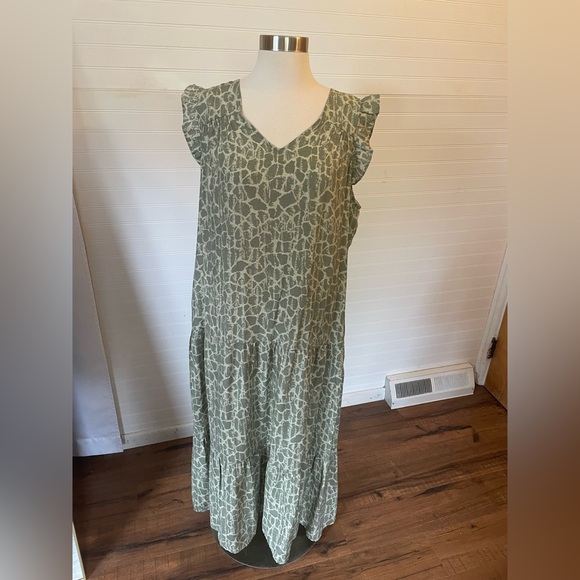 Simply Vera Vera Wang Olive Patterned Midi Dress Size Large - Picture 1 of 6